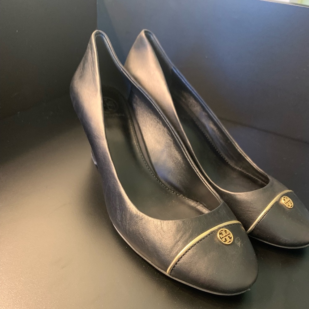 Tory Burch Black Wedge Heels w/ Gold Details and Logo, Sleek Black Leather, 8.5